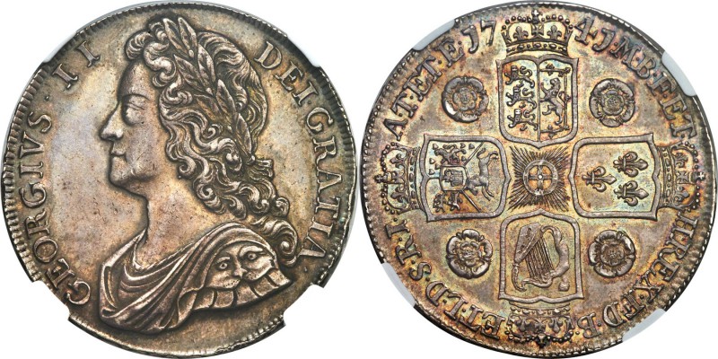 George II Crown 1741 AU58 NGC, KM575.2, S-3687, ESC-123. Roses in reverse angles...