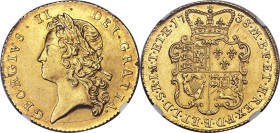 George II gold 2 Guineas 1738 AU55 NGC, KM576, S-3667B. Seemingly conservatively graded, a highly lustrous specimen with an impeccable strike giving o...