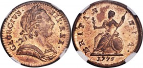 George III Farthing 1775 MS63 Red NGC, KM602, S-3775. Choice UNC and particularly 'fresh' looking, clearly struck from fresh dies. George's portrait i...