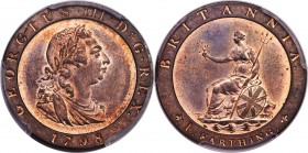 George III Proof Pattern Restrike "Cartwheel" Farthing 1798 PR65 Red and Brown PCGS, Peck-1213. By W. J. Taylor. An almost fully-red specimen of this ...
