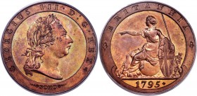 George III Proof Pattern 1/2 Penny 1795 PR64 Red and Brown PCGS, Peck-1054. By W. J. Taylor. An exquisite restrike produced in the 1850s from salvaged...