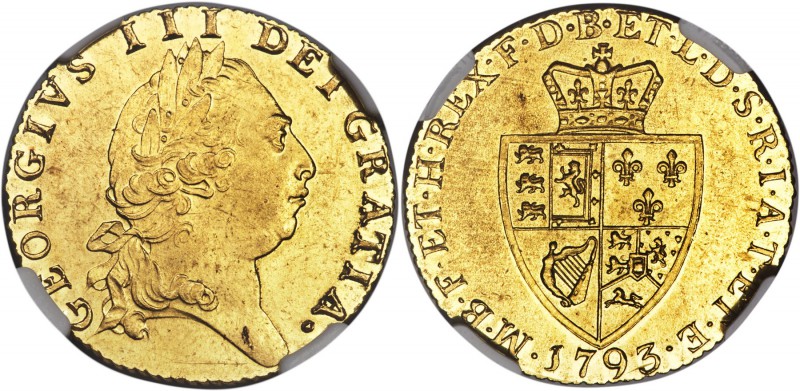 George III gold Guinea 1793 MS61 NGC, KM609, S-3729. A true outlier for the type...