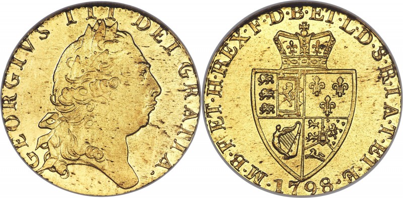 George III gold Guinea 1798 MS63 NGC, Royal mint, KM609, S-3729. Sharp golden lu...