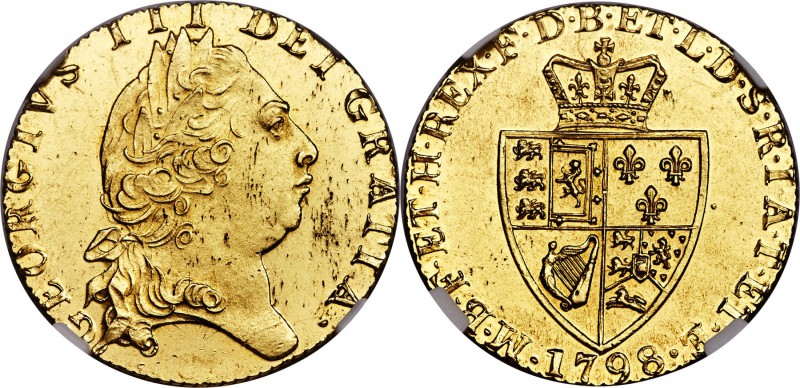 George III gold Guinea 1798 MS62 NGC, KM609, S-3729. Bright and aglow with full ...