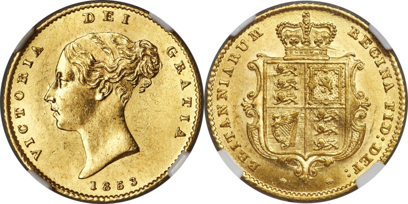 Victoria gold 1/2 Sovereign 1853 MS64 NGC, KM735.1, S-3859. Choice and as lovely...