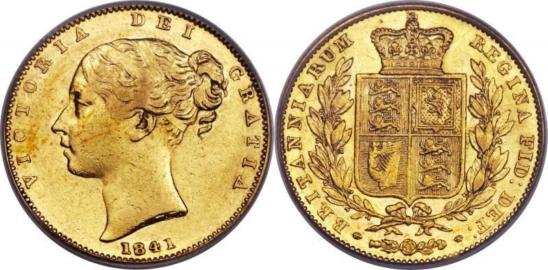 Victoria gold Sovereign 1841 AU55 PCGS, KM736.1, S-3852. Unbarred As in GRATIA. ...