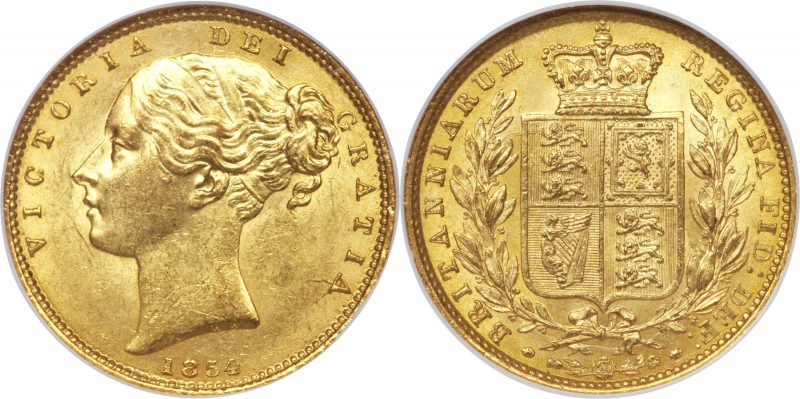 Victoria gold Sovereign 1854 MS63 NGC, KM736.1, S-3852D. Incuse WW, bold strike ...