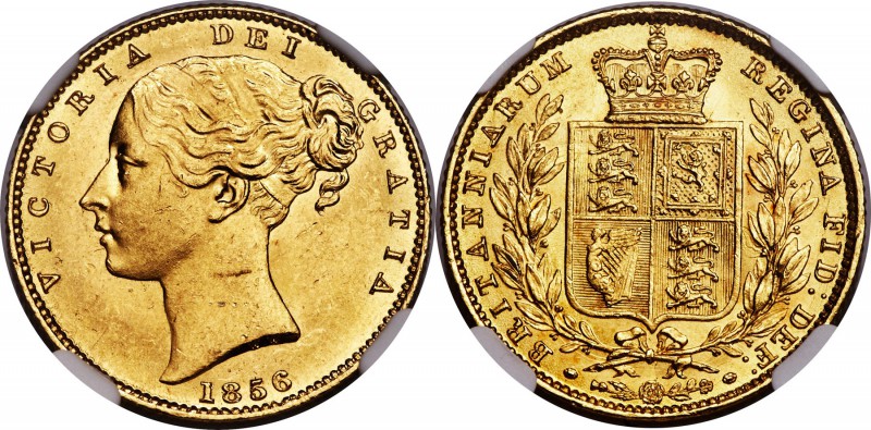 Victoria gold Sovereign 1856 MS63+ NGC, KM736.1, S-3852D. A glistening example o...