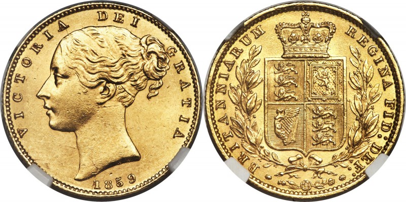 Victoria gold Sovereign 1859 MS63 NGC, KM736.3, S-3852E. Small date. A rarer typ...