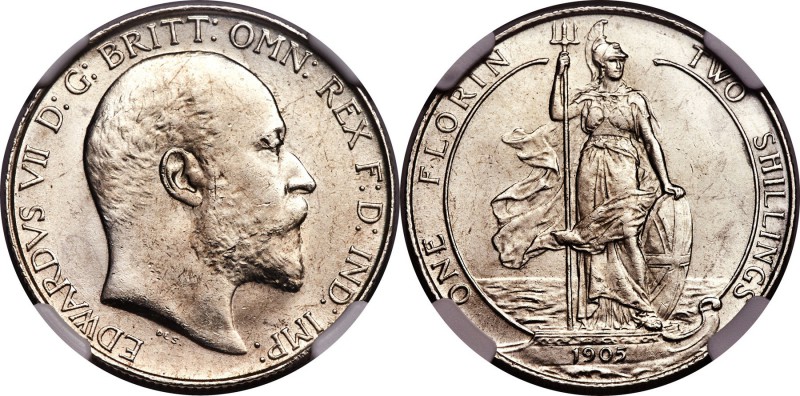 Edward VII Florin 1905 MS63 NGC, KM801. The rarest date of the series. A pleasin...