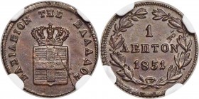 Othon Lepton 1851 MS63 Brown NGC, Athens mint, KM30. Deeply toned with some planchet flaws visible on both sides. In choice certification this type ra...