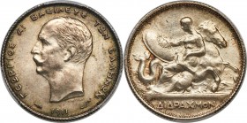 George I 2 Drachmai 1911 MS64 PCGS, KM61. A one-year type with the classic design of Thetis seated on a sea-horse examining the shield of her son, the...