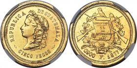 Republic gold 5 Pesos 1877-F MS63 NGC, KM198. A Choice Uncirculated piece exhibiting brilliant luster and a strong strike. 

HID09801242017
