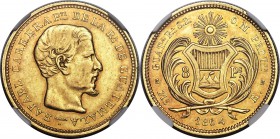 Republic gold 8 Pesos 1864-R AU55 NGC, KM184, Fr-33. Subtle toning enhances the overall eye appeal of this decidedly elusive issue. A one-year type wi...