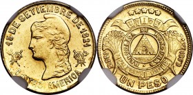 Republic gold Peso 1888 MS63 NGC, KM56. Fully intact details commensurate with a definitive strike, chardonnay-colored flan exhibiting considerable lu...