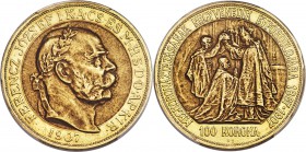 Franz Joseph I gold 100 Korona 1907-KB AU58 PCGS, Kremnitz mint, KM490. This type was struck for the anniversary of Franz Joseph's coronation and feat...