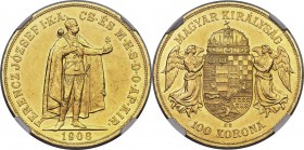 Franz Joseph I gold 100 Korona 1908-KB MS60 NGC, Kremnitz mint, KM491, Fr-249. Mintage: 4,038. Boldly detailed, with light reflectivity that gleams fr...