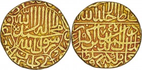 Mughal Empire. Akbar (AH 963-1014 / AD 1556-1605) gold Mohur AH 974 (AD 1566/7) Good XF, Agra mint, KM106.1. 27mm. 10.80gm. With Arabic 4 in the date....