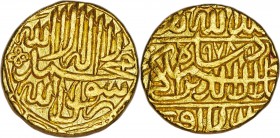 Mughal Empire. Akbar (AH 963-1014 / AD 1556-1605) gold Mohur AH 978 (AD 1570/1) UNC (edge damage), Agra mint, KM106.1. 22mm. 10.79gm. An veritably glo...