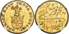 British India. Madras Presidency gold 5 Rupees (1/3 Mohur) ND (1820) MS63 NGC, KM422, Prid-244. A softly engraved type but here well struck, with semi...