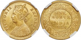 British India. Victoria gold Mohur 1884-(C) MS63 NGC, Calcutta mint, KM496, Fr-1604. Only 8,643 of this type were ever struck, the lowest mintage of t...