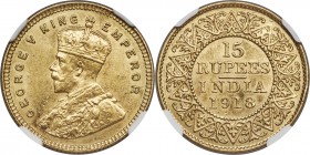 British India. George V gold 15 Rupees 1918-(b) MS62 NGC, Bombay mint, KM525. A rich honey-gold representative of this popular 20th century issue, bea...