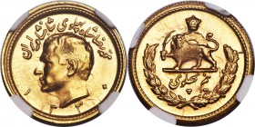 Muhammad Reza Pahlavi gold "High Relief" 1/2 Pahlavi SH 1330 (1951) MS65 NGC, KM1149, Fr-102. Among the rarest emissions of the 1/2 Pahlavi series, th...
