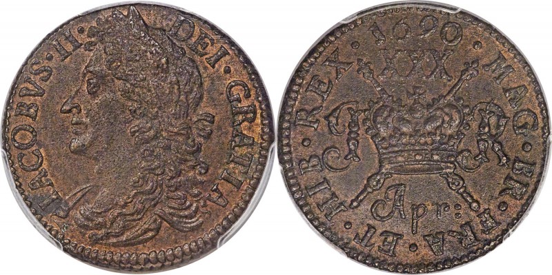 James II Gunmoney 1/2 Crown 1690 April MS63 PCGS, KM95, S-6579N. Dated April on ...