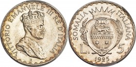 Italian Colony. Vittorio Emanuele III 5 Lire 1925-R MS65 PCGS, Rome mint, KM7. Tied with one other at the MS65 level at PCGS, with two other MS65 (and...