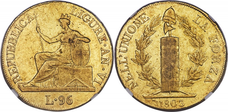 Genoa. Ligurian Republic gold 96 Lire Year VI (1803) AU50 NGC, KM270, Fr-448. Li...