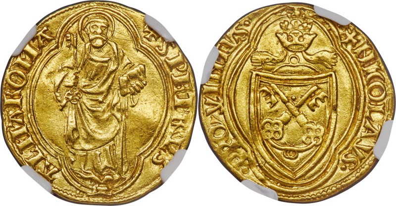 Papal States. Nicholas V gold Ducat ND (1447-1455) AU55 NGC, Rome mint, Fr-6, B-...