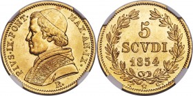 Papal States. Pius IX gold 5 Scudi 1854-IX-R MS63 NGC, Rome mint, KM1116. A few scattered marks, but essentially lacking any defects worthy of note. V...