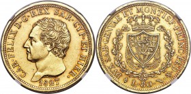 Sardinia. Carlo Felice gold 80 Lire 1827 (Eagle)-L AU55 NGC, Turin mint, KM123.1. Considerably lustrous and flashy for the assigned grade with razor-s...