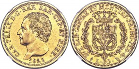 Sardinia. Carlo Felice gold 80 Lire 1828 (Eagle)-L AU55 NGC, Turin mint, KM123.1. Modest evidence of circulation, with a few scattered contact marks b...