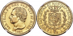 Sardinia. Carlo Felice gold 80 Lire 1829 (Anchor)-P AU53 NGC, Genoa mint, KM123.2. Bold mint luster is preserved in the protected regions around the m...
