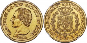 Sardinia. Carlo Felice gold 80 Lire 1830 (Anchor)-P AU58 NGC, Genoa mint, KM123.2, Fr-1133. An unmistakably bold strike for the issue and just a hair'...