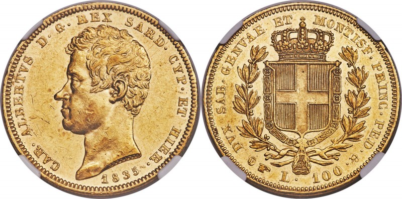 Sardinia. Carlo Alberto gold 100 Lire 1835 (Eagle)-P AU58 NGC, Turin mint, KM133...