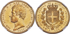 Sardinia. Carlo Alberto gold 100 Lire 1835 (Eagle)-P AU58 NGC, Turin mint, KM133.1. Nearly full detail remains on this large gold issue, only a couple...