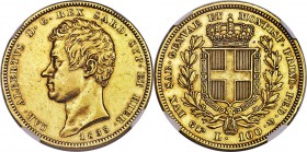 Sardinia. Carlo Alberto gold 100 Lire 1835 (Eagle)-P AU53 NGC, Turin mint, KM133.1. Moderately circulated, but with pleasing toning around the devices...