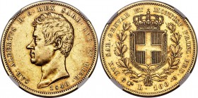 Sardinia. Carlo Alberto gold 100 Lire 1840 (Eagle)-P AU55 NGC, Turin mint, KM133.1, Fr-1138. Minimal signs of wear for the grade. A very scarce issue ...