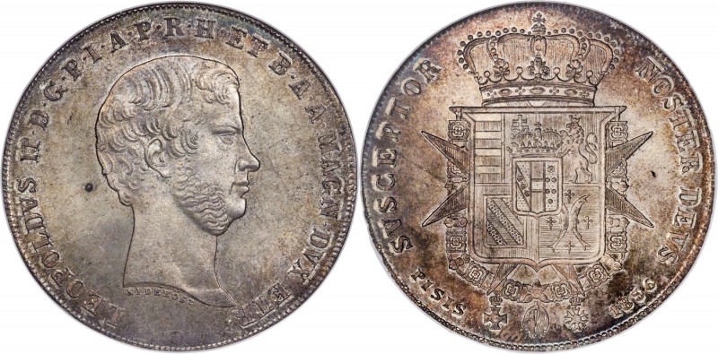 Tuscany. Leopold II Quattro (4 Fiorini) 1856 MS65 NGC, KM-C75b. A miraculous sur...