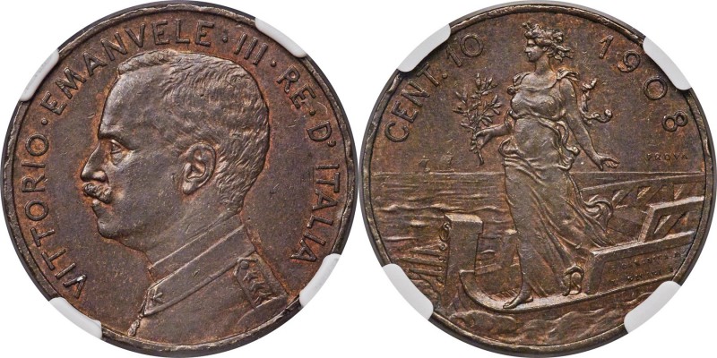 Vittorio Emanuele III bronze Prova 10 Centesimi 1908 AU55 Brown NGC, Rome mint, ...