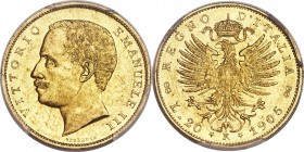 Vittorio Emanuele III gold 20 Lire 1905-R MS62 PCGS, Rome mint, KM37.1, Fr-24. One small copper spot noted before the nose of Vittorio Emanuele, but o...