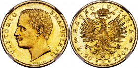 Vittorio Emanuele III gold 20 Lire 1905-R MS62 NGC, Rome mint, KM37.1, Fr-24. Pleasing light red toning, with wholly original surfaces. 

HID098012420...