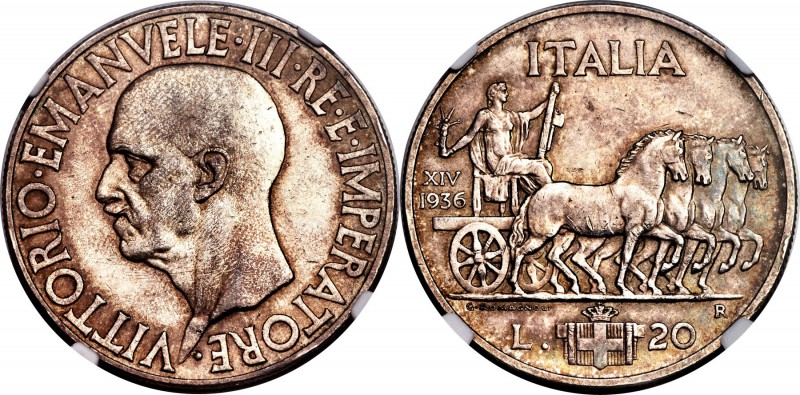 Vittorio Emanuele III 20 Lire 1936-R AU58 NGC, Rome mint, KM81. Displaying subli...