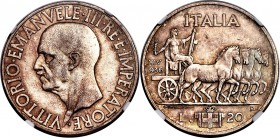 Vittorio Emanuele III 20 Lire 1936-R AU58 NGC, Rome mint, KM81. Displaying sublime autumnal hues that highlight the reverse Quadriga design, with post...