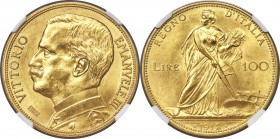 Vittorio Emanuele III gold 100 Lire 1912-R MS63+ NGC, Rome mint, KM50, Fr-26. Mintage: 4,946. A superb specimen in all regards, complete with satin lu...