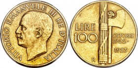 Vittorio Emanuele III gold 100 Lire 1923-R MS60 PCGS, Rome mint, KM65. A one-year type, introduced to commemorate the first anniversary of the Fascist...