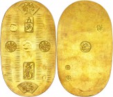 Tempo gold Goryoban (5 Ryo) ND (1837-1843) UNC (light surface hairlines), KM-C23, JNDA 098. The Goryoban (5 Ryo) was only made once in the Tempo era. ...