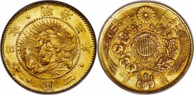 Meiji gold 2 Yen Year 3 (1870) MS63 PCGS, KM-Y10. This coin exhibits stunning luster brightening from the recesses and a light toning around the devic...